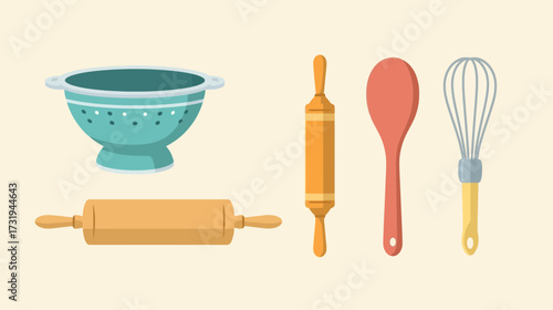 Kitchen utensils including a colander, rolling pins, a spoon, and a whisk.