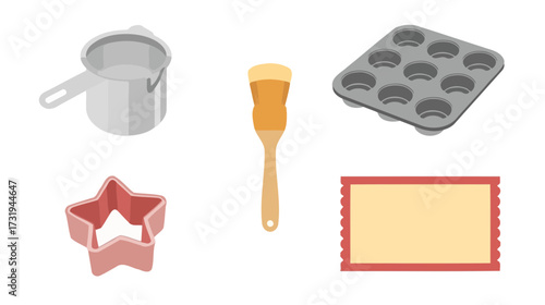Baking tools: saucepan, pastry brush, muffin tin, cookie cutter, and recipe card.