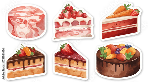 Watercolor sticker set of various cakes and slices with fruits and cream.
