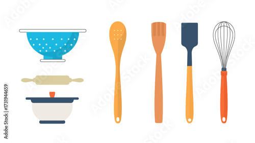 Kitchen utensils: colander, rolling pin, pot, wooden spoons, spatula, whisk.
