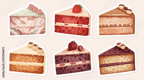 Six colorful cake slices with different toppings and flavors, presented as stickers on a light background.