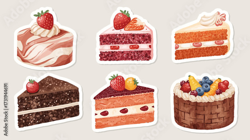 Illustration of six different cake slices with various toppings and flavors.