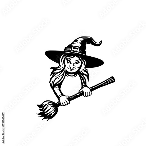 Witch character holding a broomstick in a vintage style isolated on a transparent background