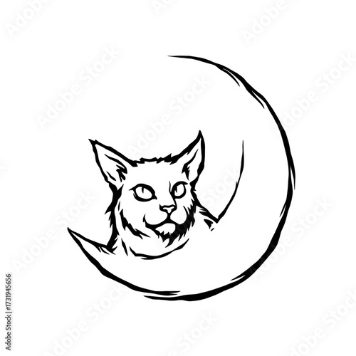 Cat silhouette nestled in a crescent moon in a minimalistic line art style isolated on a transparent background