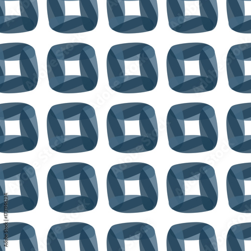 Abstract geometric square-like opacity layered seamless pattern in dark navy. tones on transparent background