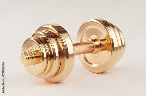 Shiny golden dumbbell on a neutral background, illustrating fitness