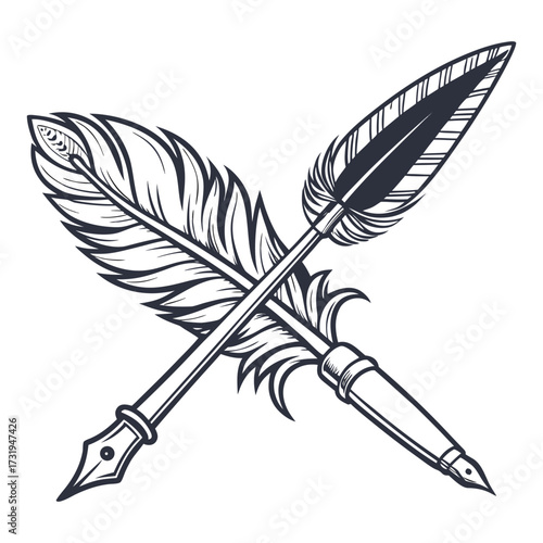 Crossed Feather Quill Pens Vector – Vintage Writing Ink Pen Logo Icon.