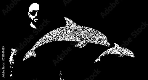 Cool, stylish man with sunglasses and patterned dolphins art, surreal vector graphic for creative projects, unique design, modern fashion, bold statement piece