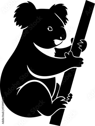 Adorable koala clinging to eucalyptus branch, cute wildlife vector silhouette for logo design, animal conservation, and Australian tourism promotions