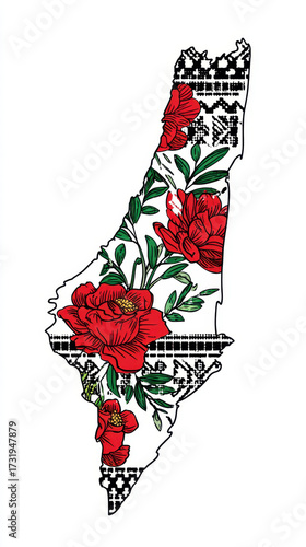 Artistic Floral Palestine Map with Keffiyeh Pattern