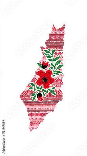Artistic Floral Palestine Map with Keffiyeh Pattern