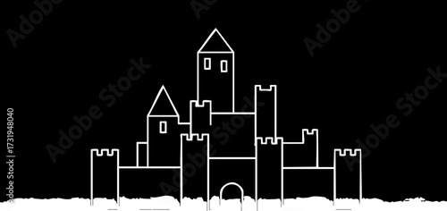 Enchanting medieval castle outline for fantasy tales, perfect for book covers and game designs, evoking historical charm and adventure, originally vector graphics