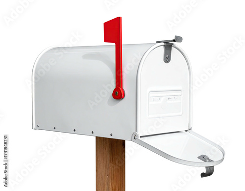 White mailbox with red flag, open flap