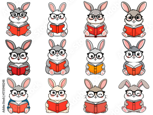 Set of cute rabbits reading books with glasses isolated on transparent background for children's designs