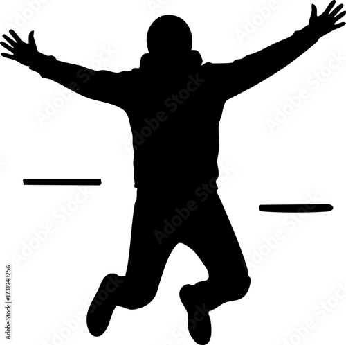 Silhouette of a carefree person jumping joyfully with arms outstretched, embodying freedom and success, perfect for conveying achievement and elation
