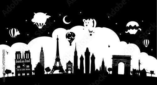 Magical Parisian night skyline with iconic landmarks, hot air balloons, and starry sky creating an enchanting travel fantasy