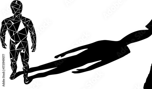 Modern polygonal human figure standing tall with a strong shadow, symbolizing strength, innovation, and forward thinking, originally a scalable vector graphic