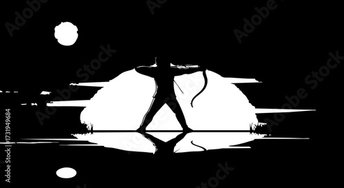 Dynamic silhouette of archer aiming with bow and arrow under a bright moon, creating a dramatic and powerful scene, perfect for fantasy themes