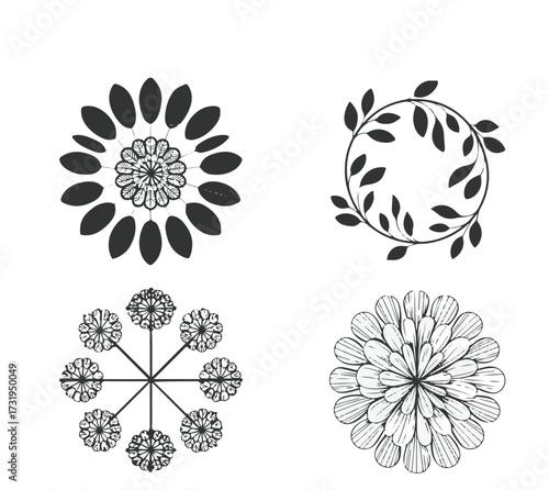 Elegant decorative botanic ornate designs four unique circular floral patterns ornate mandalas vector