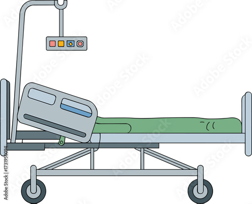 Hospital bed with green mattress, adjustable headrest, medical equipment, clinical setting, healthcare recovery, patient care, sterile environment, hospital interior