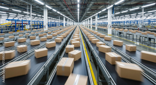 Automated Conveyor Belts Moving Cardboard Boxes in Large Warehouse Facility
A dynamic, wide-angle shot with a shallow depth of field, capturing multiple parallel conveyor belts