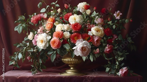 Mawar yang menakjubkan dalam vas emas, seni bunga klasik