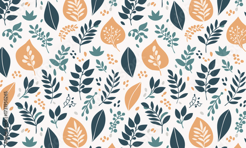 Elegant Hand Drawn Botanical Seamless Pattern, Autumn Foliage with Blue and Orange Leaves