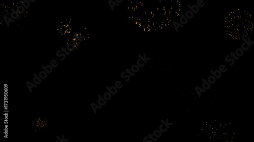Golden rocket cracker fireworks exploding against a deep black sky. The sparkles scatter in circular bursts, representing festive fireworks in celebration of Diwali.