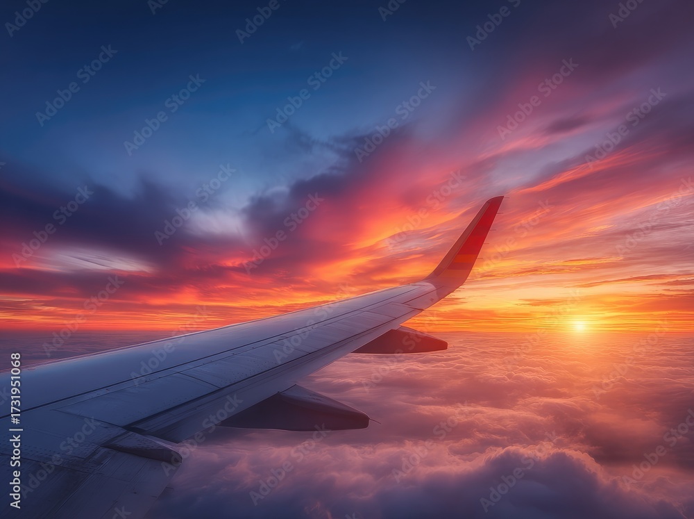 Naklejka premium Airplane wing outstretched over a vibrant sunset sky