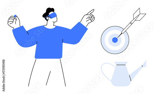 Man wearing blindfold pointing confidently, dartboard with arrow in center, watering can for nurturing ideas. Ideal for precision, focus, decision-making, personal growth, success, goal achievement