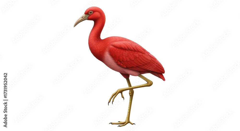 Obraz premium Isolated Scarlet ibis bird standing with one leg raised and long curved beak, nature wildlife