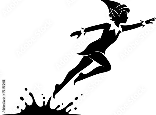 Whimsical silhouette of a spirited pixie mid-flight, enchanting and magical, perfect for fantasy stories, children's designs, or logo inspiration