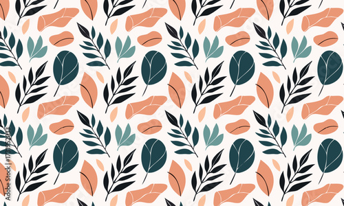 Elegant Hand Drawn Botanical Seamless Pattern, Autumn Foliage with Blue and Orange Leaves