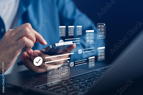 Online survey and digital checklist form, user interaction with form filling and ticking boxes, feedback system, data analysis, and productivity apps.