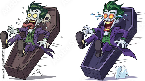 Zombie cartoon character, coffin jump, horror illustration, Halloween undead, spooky monster, green hair, purple suit, scary face, glowing eyes, dramatic pose