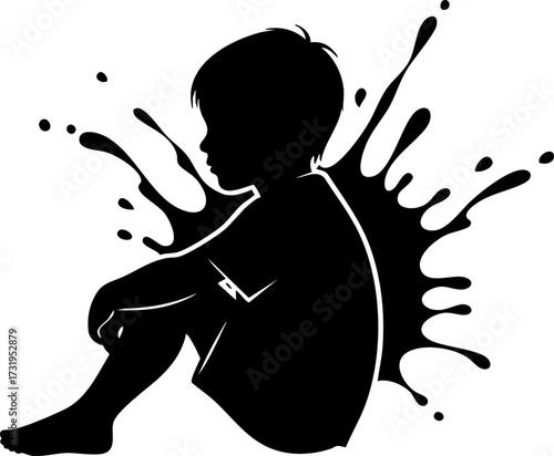 Sadness and Melancholy: Boy Silhouette Surrounded by Splatter Art – A Powerful Symbol of Childhood Emotions and Inner Turmoil, perfect for editorial use