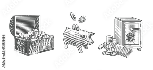 Vector engraving of a metal safe with a stack of banknotes and piles of coins in front of it, Piggy bank and Treasure Chest.