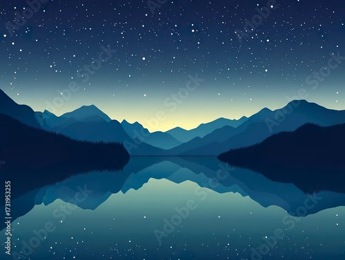 Minimalist vector illustration of a lake reflecting a starry sky at night.