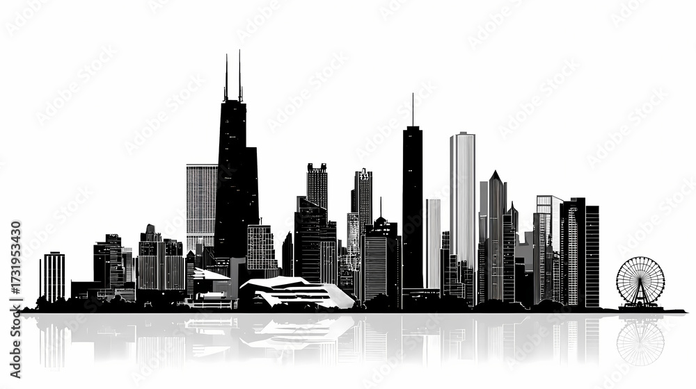 Obraz premium Chicago Skyline Silhouette in Stark Black A Bold Graphic Art Print of Iconic Urban Architecture