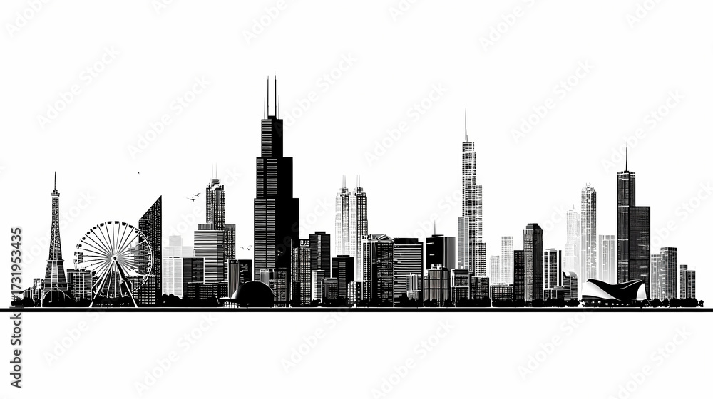 Fototapeta premium Chicago Skyline Bold Black Silhouette Graphic Art Print Urban Landscape Outline Illustration Modern Architecture Minimalist Poster Design