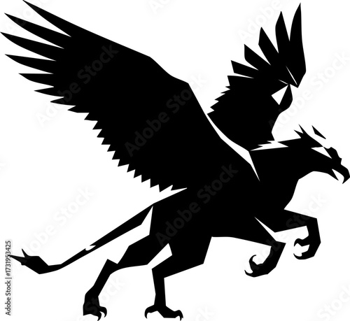 Powerful griffin soaring with outstretched wings, symbolizing strength, wisdom, and ancient mythology, a striking emblem for branding and storytelling.