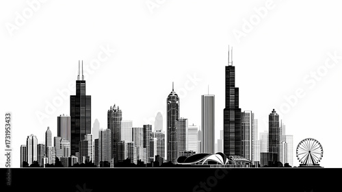 Chicago Skyline Silhouette in Stark Black A Bold Graphic Art Print of Iconic Architecture and Urban Landscape Design
