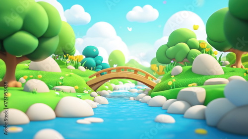 Miniature Garden Landscape (Wooden Arch Bridge, Small River, Manicured Trees & White Flowers, Soft Tones) – For Decorative Design, Whimsical & Scenic Visual Concepts