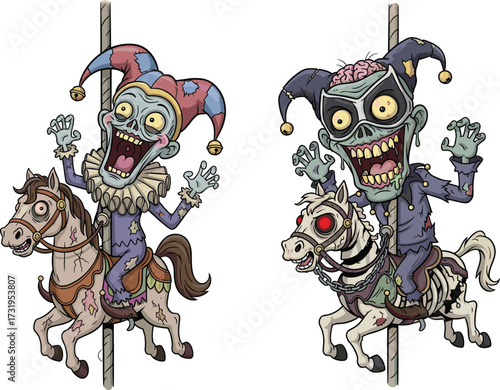 Zombie jester carousel, creepy clown horror, undead amusement ride, Halloween illustration, spooky fairground, scary circus, grotesque character, stitched horse