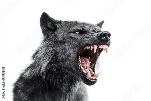 Furious werewolf growling with bared teeth against a plain white background