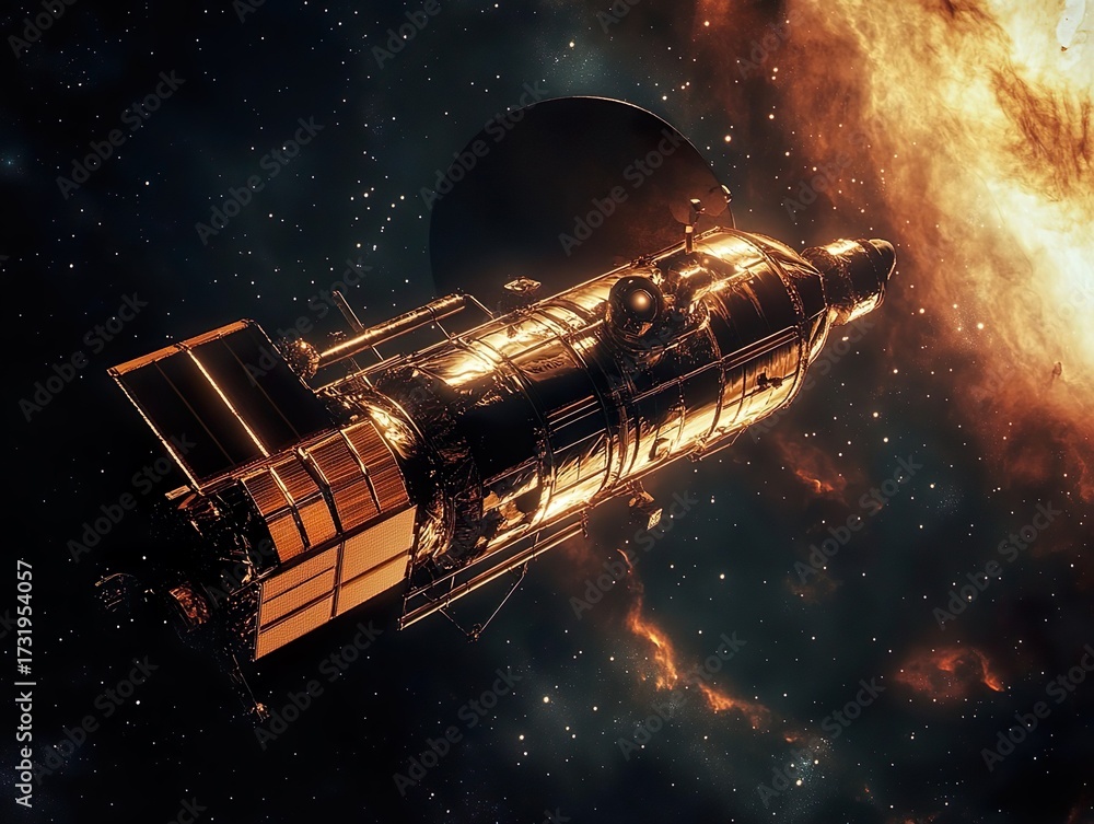 Obraz premium Astronaut stands on a barren planet before a large, landed spaceship.