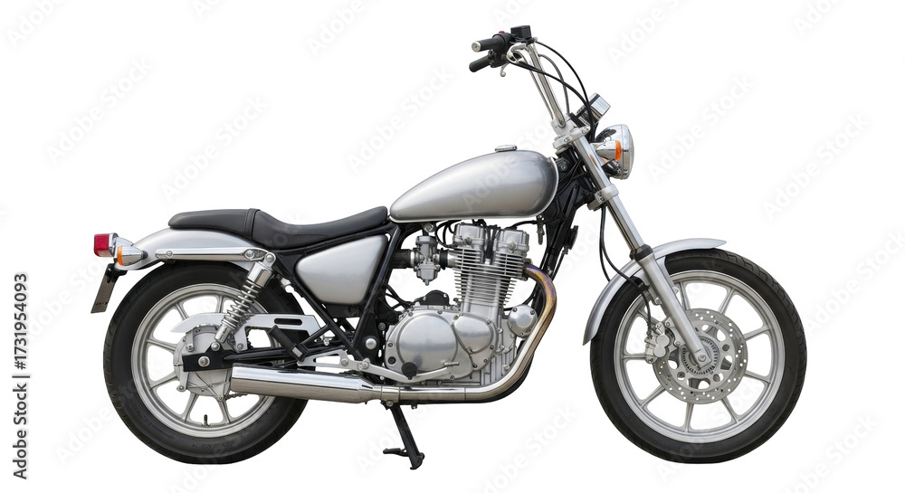 Fototapeta premium Isolated Motorcycle on a Kickstand, Classic Cruiser, Two-Wheeled Transportation on No Background