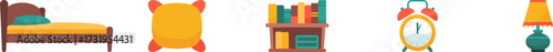Bedroom furniture set including bed alarm clock bookshelf and lamp illustration
