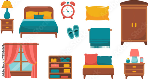 Bedroom interior elements vector design for comfortable home decoration flat