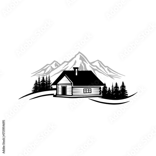 A monochrome illustration of a cabin nestled amidst mountains and evergreen trees, evoking a sense of tranquility.